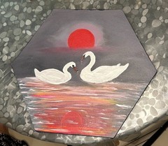 Handmade Hexagonal Canvas: Sunset Scene with Two Graceful Swan Couple, 24×24 CM