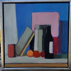 STILL LIFE WITH BOOKS, BOTTLE AND FRUITS, original oil painting