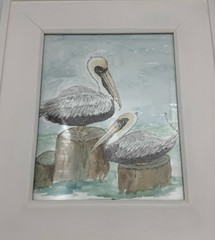 Watercolor Art Pelican Framed Signed 15×13 Original Artist Beach Cottage Decor