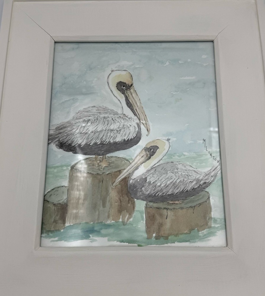 Watercolor Art Pelican Framed Signed 15×13 Original Artist Beach Cottage Decor