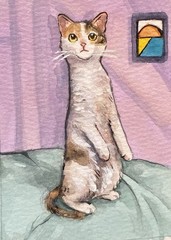 ACEO 100% Hand Painted Original Mixed Media Painting Art Cat