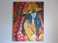 Blue Bohemian Lady Original Oil Painting N Schuler 1973 Yellow Hat Mid Century