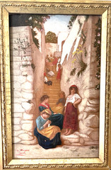 Antique Italian Oil Painting Capri Women on Steps Mediterranean Coastal Scene