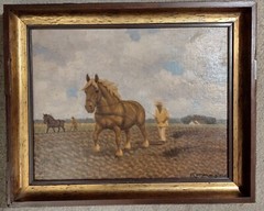 Vintage Karl Friedrich Meyer Canvas Painting of Farming Horse