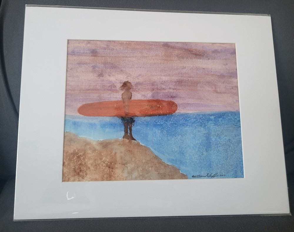 William Schaeffer Original Watercolor Surfer Ocean Painting Signed Matted 11×14