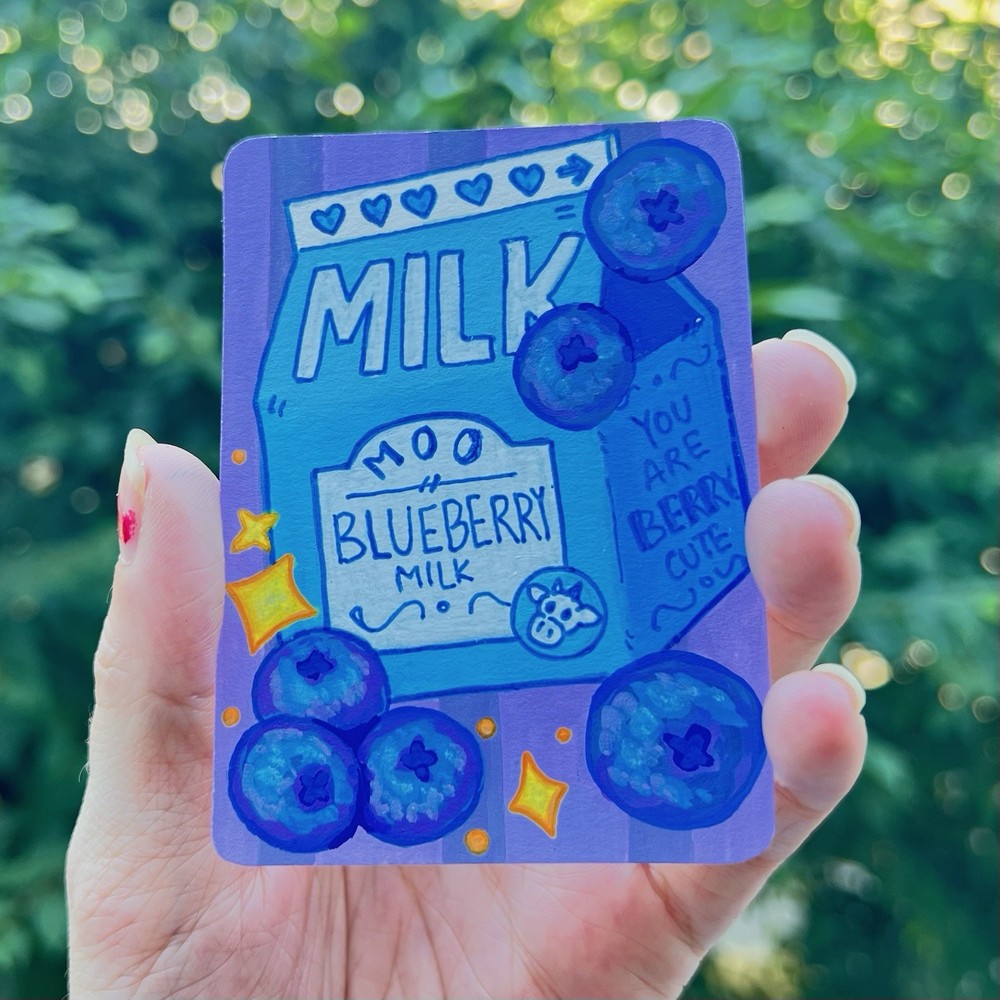 „Blueberry Milk“ ACEO Original Painting Art Card Mixed Media cartoon Kawaii Food