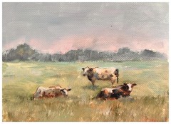 Cows oil painting signed small Victorian summer art rural landscape wall decor
