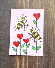 ACEO Original Cupid Honey Bees Cartoon Watercolor Painting