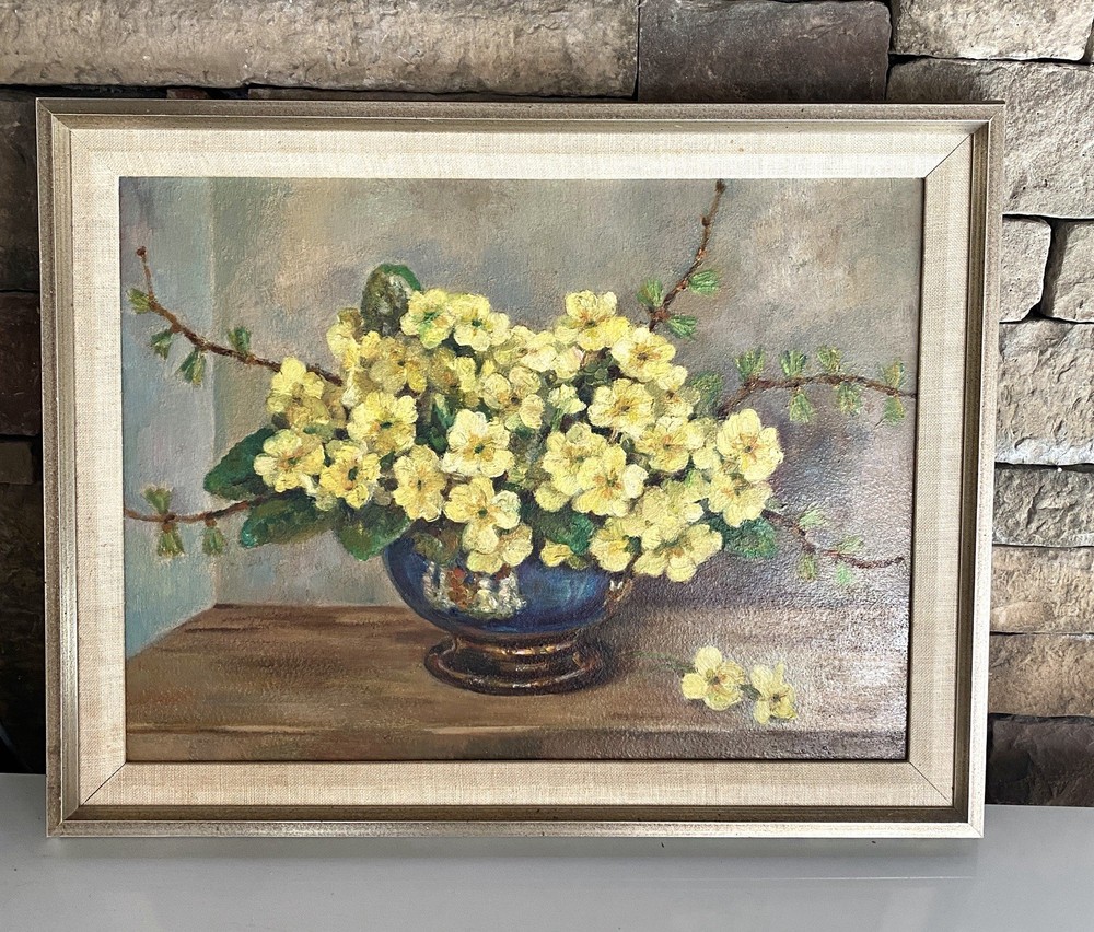 Vintage Yellow Floral In Vase Oil Painting Holland 18” X 14” Framed (Bin20)
