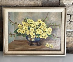 Vintage Yellow Floral In Vase Oil Painting Holland 18” X 14” Framed (Bin20)