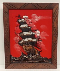 Vintage MCM Galleon War / Pirate Ship 19×23″ Drip Art Painting on Red Cloth
