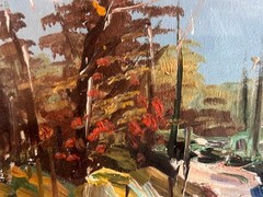 Vintage Original Artist Signed Trees House Home Oil Painting Rural Landscape Art