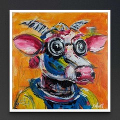 Cosmic Bovine 12×12 Modern Abstract Original Painting Canvas Cow Art SWhite