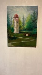 Vintage Oil Painting – Tower in a Scenic Park Landscape – 18×24 – Unframed
