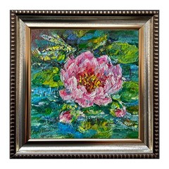 Original Oil Painting Blooming Water Lotus Impasto Small Wall Art 4x4in Signed