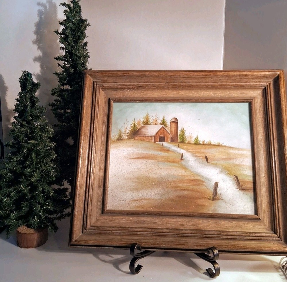 1980’s OOAK Oil on Canvas Art Piece:“Barn with Silo In The Field“; Thick Frame!