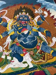 Mahakala Thangka, Mahakala on cotton Canvas, Silk Brocade Mahakala Thanka