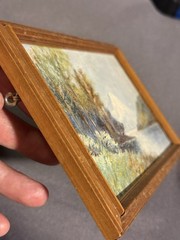 Antique Miniature Oil on Artist Board Landscape Painting of Mountain River Lake