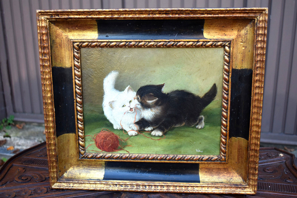 antique oil canvas painting kittens cats playing signed