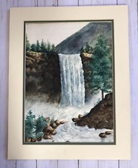 Watercolor Painting Waterfall Forest Landscape Scene Signed Original