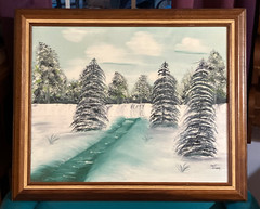 Oil/Acrylic Canvas Board Winter Snow Trees River Scene – Signed Painting ? Green