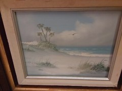 Vintage Nautical Beach Oil Painting Palms Seagulls Signed HILL 15.25″ X 13.25″