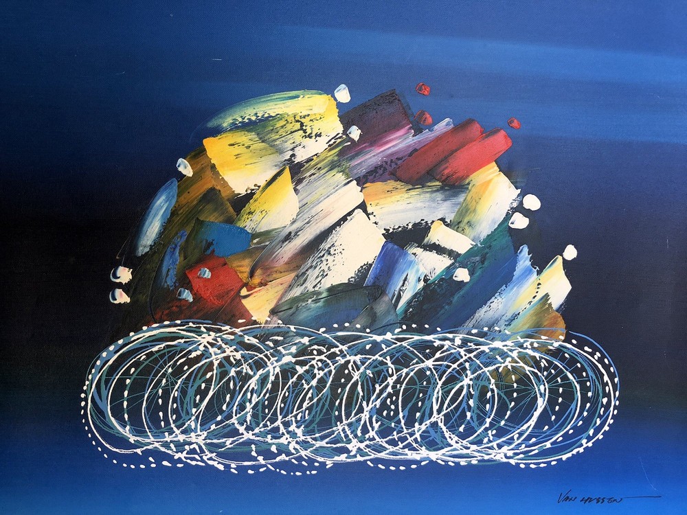 Tour de France Original Signed Van Hussen Canvas Painting Cyclists Bike Riders