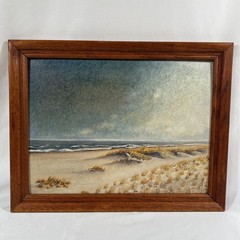 Vintage Landscape Painting Ocean Beach Sea Sand Waves Grass Cottage Cabin Framed