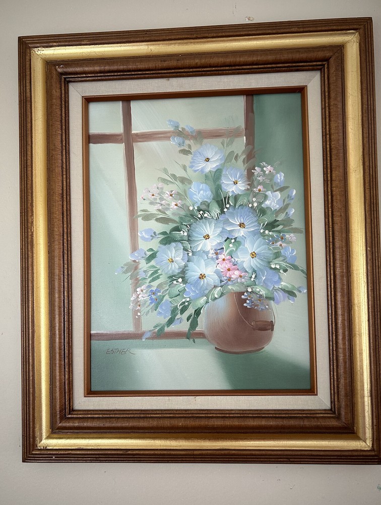 Acrylic on Canvas Original Painting Framed 23” x 19.5” Blue Flowers In Vase