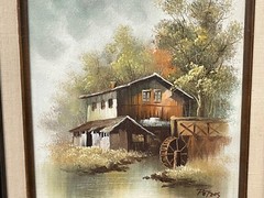 Vintage Signed Peters Oil on Canvas Painting Country Home w/ Water Wheel