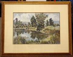 Trager Landscape Framed Original Goauche Painting of lake and trees, Make Offer