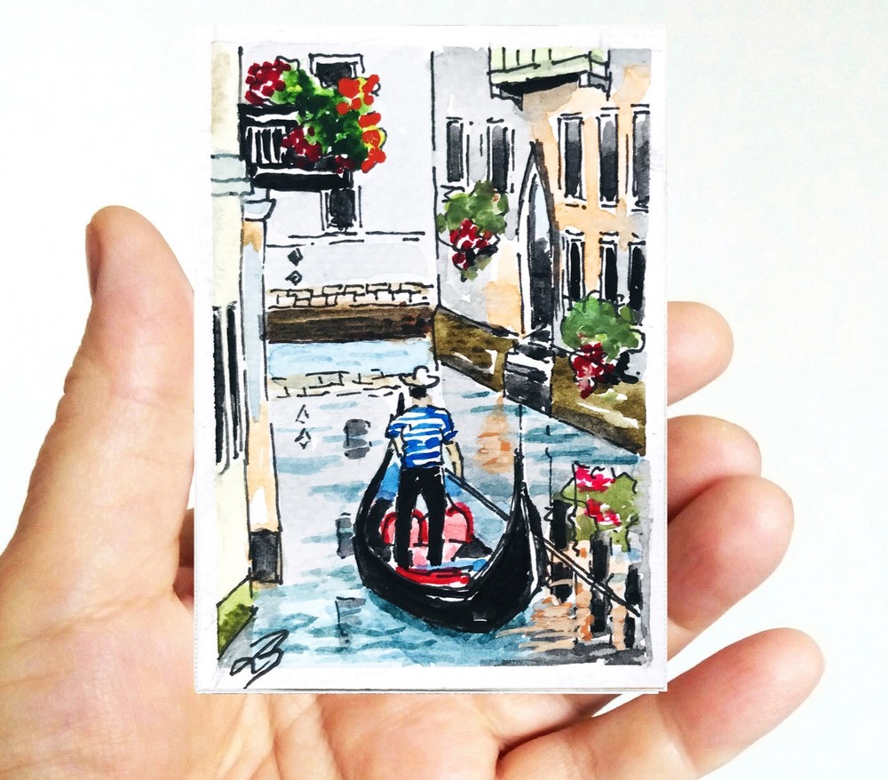 Venice ACEO Original Watercolor Painting – Gondola Art, Miniature Venice Canal