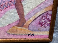 VINTAGE OIL PAINTING SIGNED MS M.S. FAUVIST NAIVE YOUNG GIRL CHILD IN BATH TUB