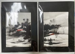 Duo Of Original WINTER TREE Barns Watercolor Pines GREETING CARDS Pamela Wilhelm