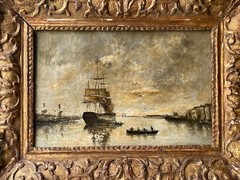 EUGENE BOUDIN – 19th FRENCH HUGE OIL ON CANVAS – SHIPS IN THE PORT OF HONFLEUR