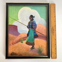 c1965 Ed Lent Navajo Shepherd Shepherdess Original Oil Paintings Pair Vintage