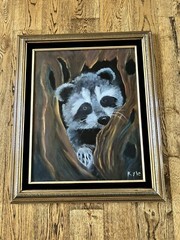 Vintage Folk Art Raccoon Animal Wild Life Nature Signed Framed Oil Painting 25”