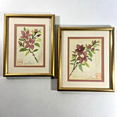 2 Verla Brown Original Watercolor Painting Signed Asian Style Floral Art Framed