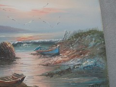 Seascape Shoreline Oil Painting Two Boats on Canvas 24×20 signed by H. Gailey