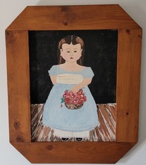 Creepy Folk Art Oil Painting Victorian Girl With Flowers Wooden Frame 20.5 x 24