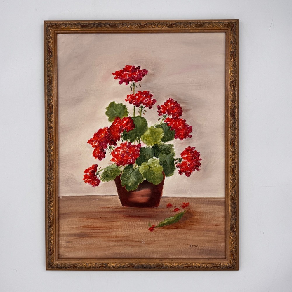 Vintage Floral Still Life Oil Painting Red Geraniums in Ornate Gilt Frame