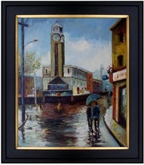 Framed, European Street, A Raining Day, Hand Painted Oil Painting 20x24in