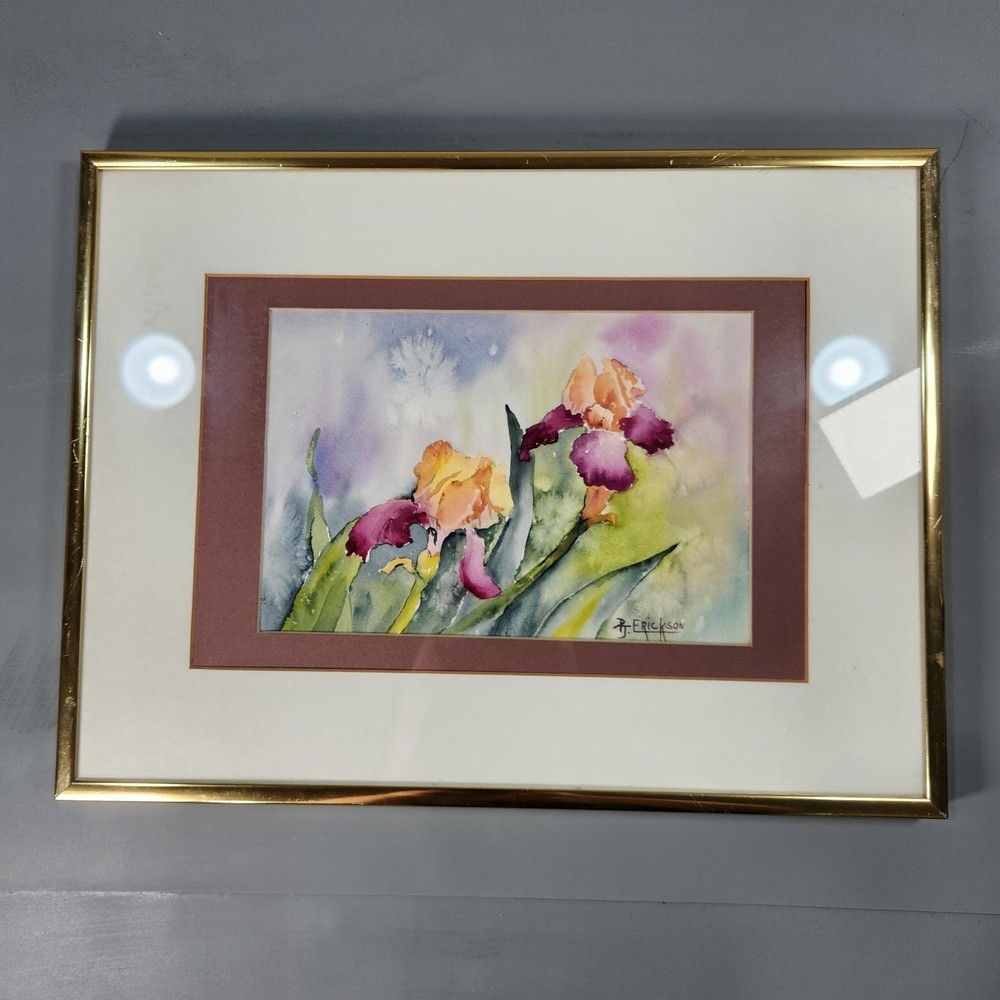 Original Watercolor Iris Painting Signed RJ Erickson Framed Matted 14.5×11″
