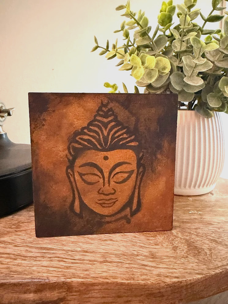 Small Art Contemporary Abstract Buddha Painting on Wood Panel Shelf Sitter