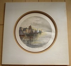 MYSTERY ETCHING in Color PENCIL SIGNED VINTAGE PRINT SHIPS , MODERN & LISTED ART