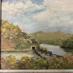 F A Powell Oil Painting Trestle Bridge Railroad Fall Landscape 5 x 7″ in frame