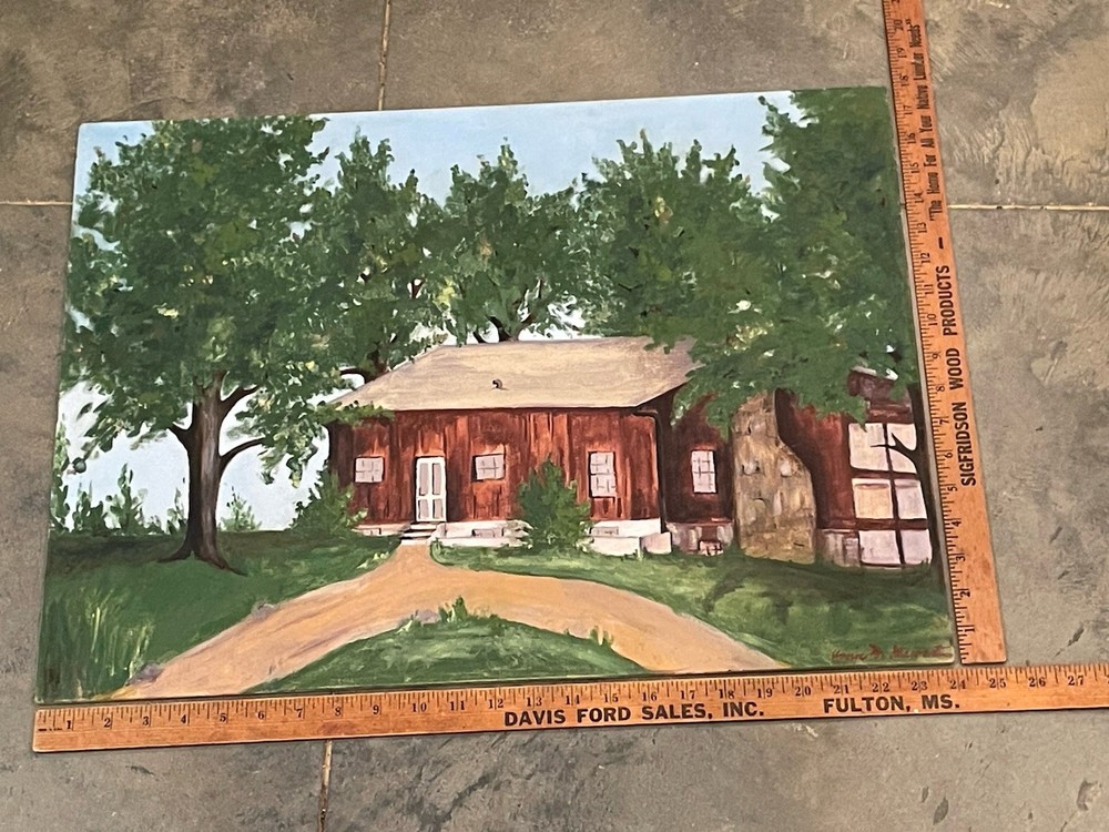 Vintage Painting 24” by 18” Cabin Alabama Folk Outsider 1970’s Signed