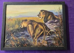 Vintage African Safari Lion & Giraffe Original Oil Painting Framed