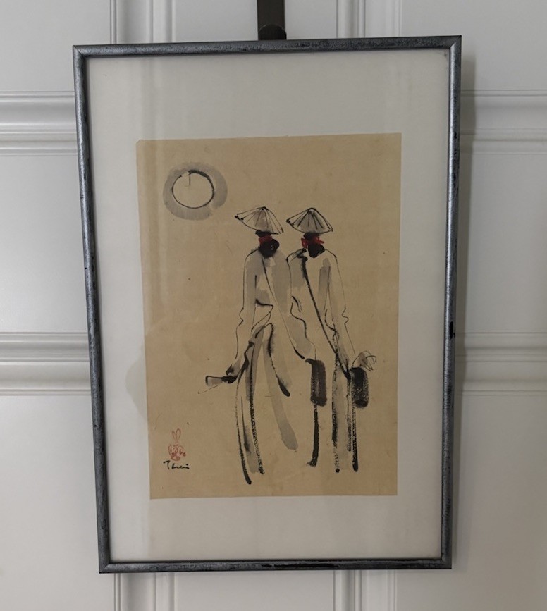 TWO VIETNAMESE Ladies Shopping Ink & Watercolor Signed Thai Framed