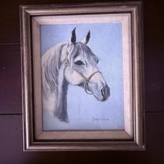 Vintage Painting White Horse On Blue Signed Wood Linen Frame 12″×10″